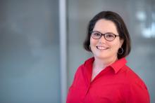 A headshot of Karen M Landolt, a white woman with dark brown hair and glasses, smiling in a red button up shirt.