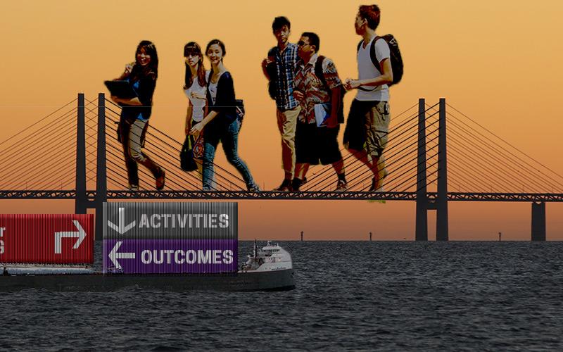 Students walking across a bridge as giants, a river barge cruises by on the water with containers containing the major components of course design: Outcomes, Check for Learning, and Activities